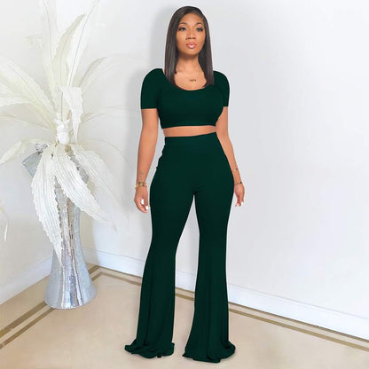 Women's 2-Piece Workout Set - Stylish Crop Top and High-Waisted Flared Pants for Yoga and Sports