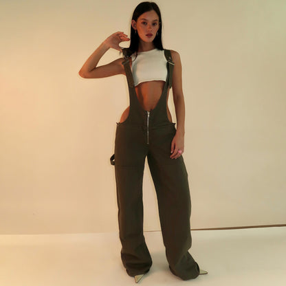 Y2K Denim Overalls with Pockets - Women's Loose-Fit Suspender Jumpsuit for Streetwear
