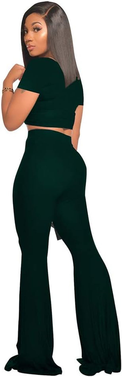 Women's 2-Piece Workout Set - Stylish Crop Top and High-Waisted Flared Pants for Yoga and Sports