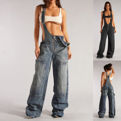 Y2K Denim Overalls with Pockets - Women's Loose-Fit Suspender Jumpsuit for Streetwear