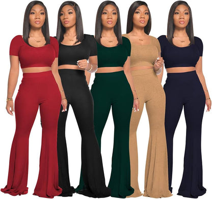 Women's 2-Piece Workout Set - Stylish Crop Top and High-Waisted Flared Pants for Yoga and Sports