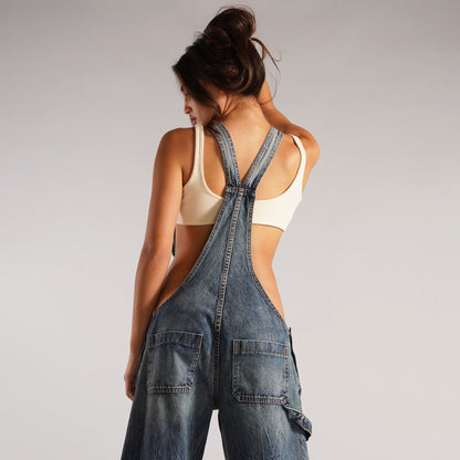 Y2K Denim Overalls with Pockets - Women's Loose-Fit Suspender Jumpsuit for Streetwear