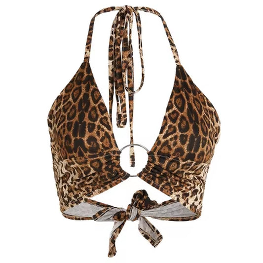 Leopard Print Halter Crop Top with Backless Design and Lace-Up Detail for Women - 2020 Party Club Bustier with Sequin and Metal Ring Accents