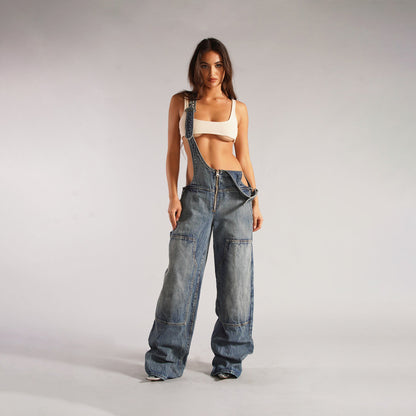 Y2K Denim Overalls with Pockets - Women's Loose-Fit Suspender Jumpsuit for Streetwear