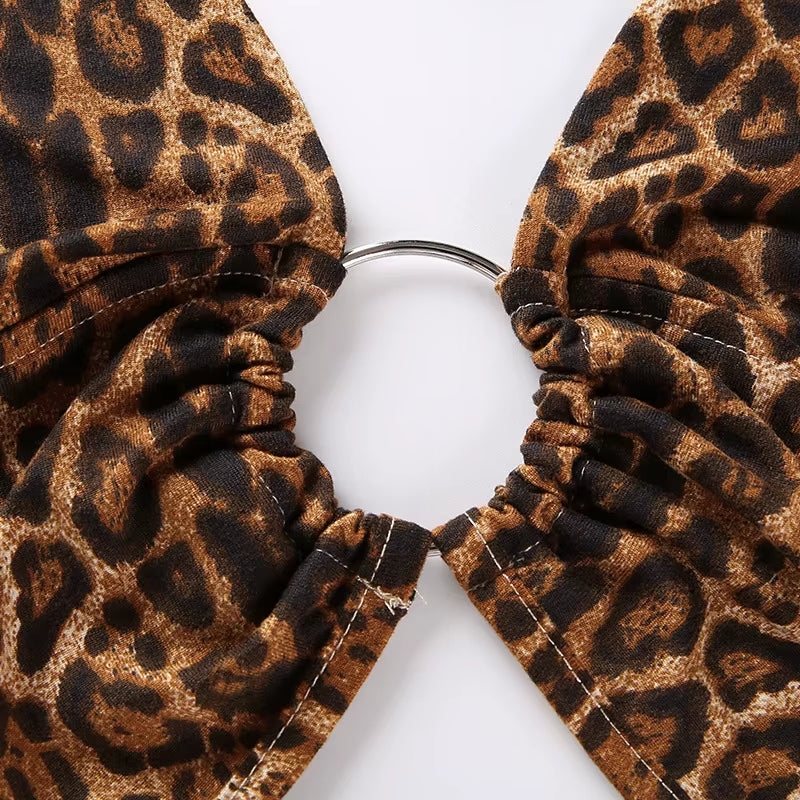 Leopard Print Halter Crop Top with Backless Design and Lace-Up Detail for Women - 2020 Party Club Bustier with Sequin and Metal Ring Accents