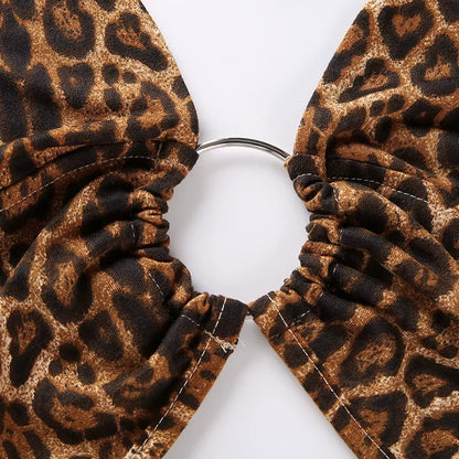 Leopard Print Halter Crop Top with Backless Design and Lace-Up Detail for Women - 2020 Party Club Bustier with Sequin and Metal Ring Accents