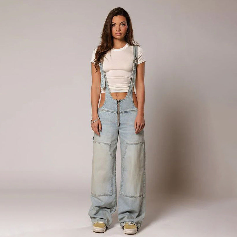 Y2K Denim Overalls with Pockets - Women's Loose-Fit Suspender Jumpsuit for Streetwear