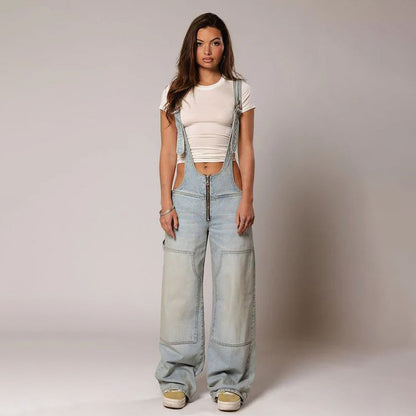 Y2K Denim Overalls with Pockets - Women's Loose-Fit Suspender Jumpsuit for Streetwear