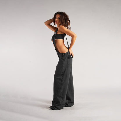 Y2K Denim Overalls with Pockets - Women's Loose-Fit Suspender Jumpsuit for Streetwear